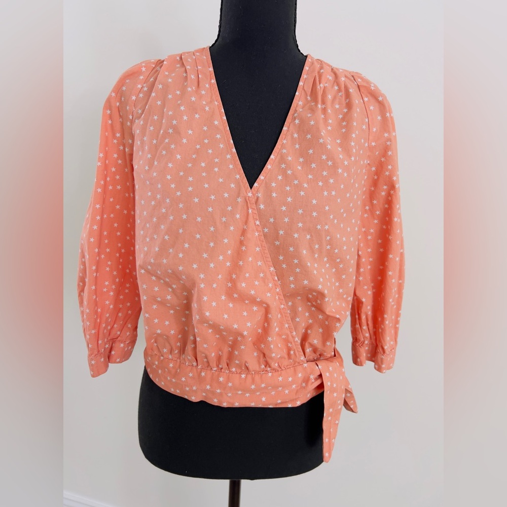 Madewell Orange Star Print Cotton Wrap Blouse XS